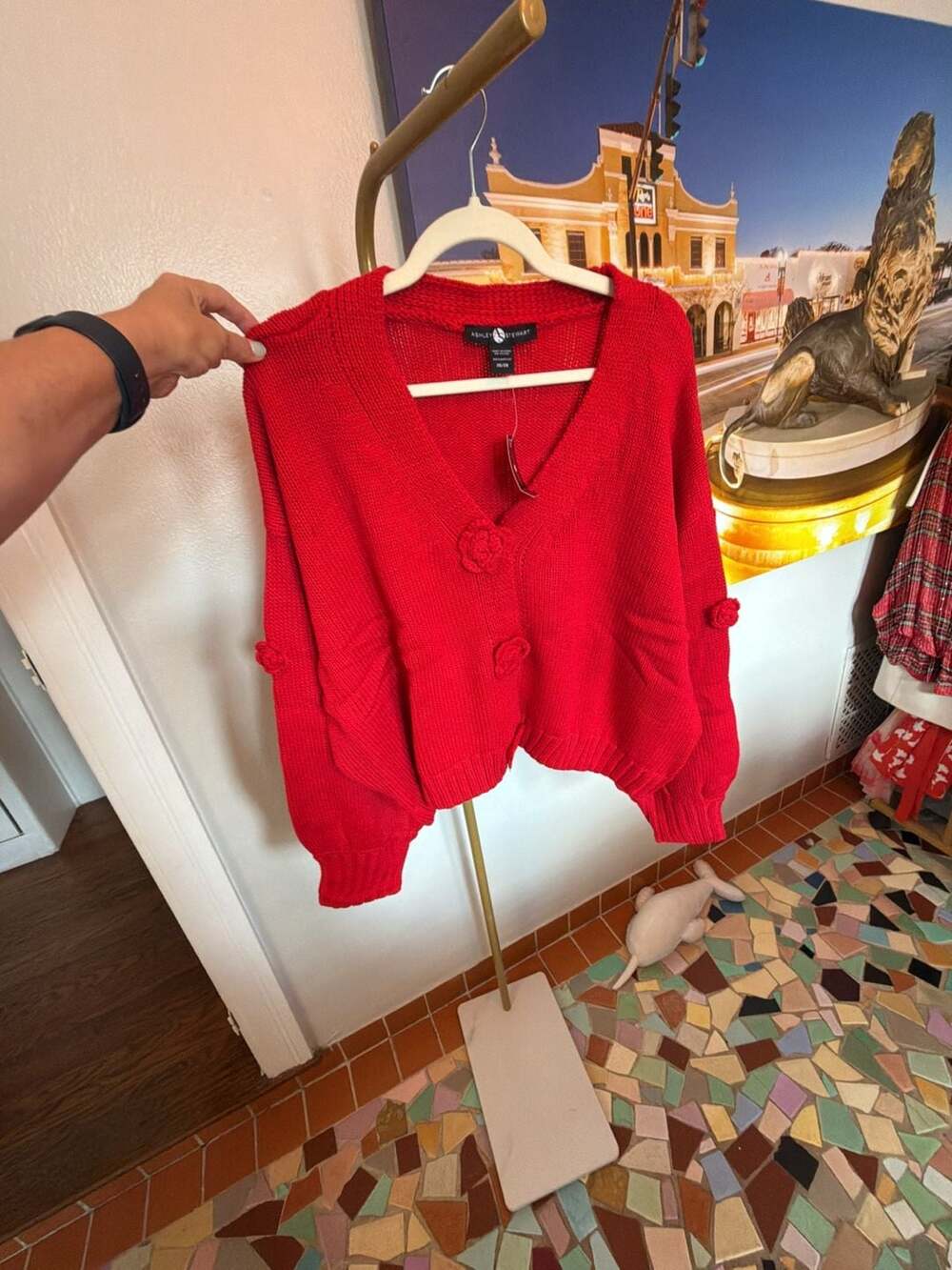Ashley Stewart Red Textured Knit Rose Detail Button Cardigan Sweater- NWT